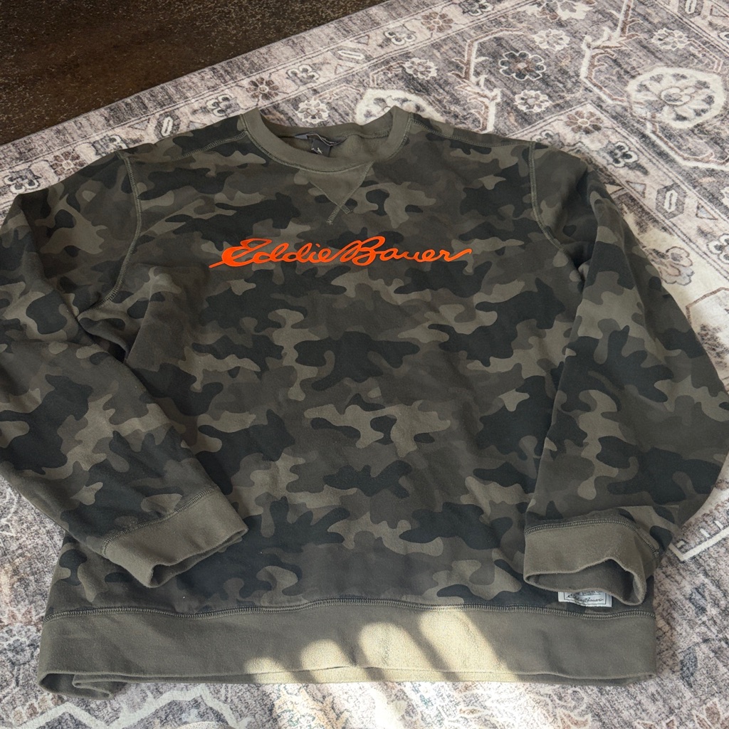 Eddie Bauer Olive Camo Crewneck With Orange Logo